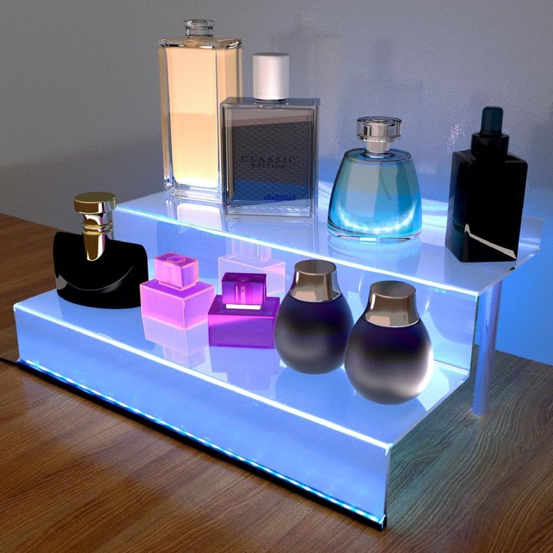 YMVV 12 Inch Clear Acrylic Shelf for Perfume Organizer with LED Light, Large 2 Tier Cologne Organizer Tiered Riser Display Stand,Acrylic Display for Decoration - Image 5